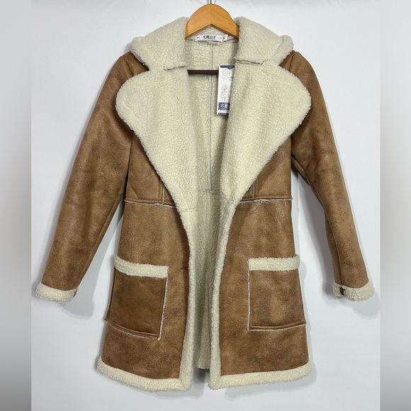 LNK LANDSCAPE Sherpa Shearling Jacket Camel and cream collared Sz Small - Picture 3 of 16